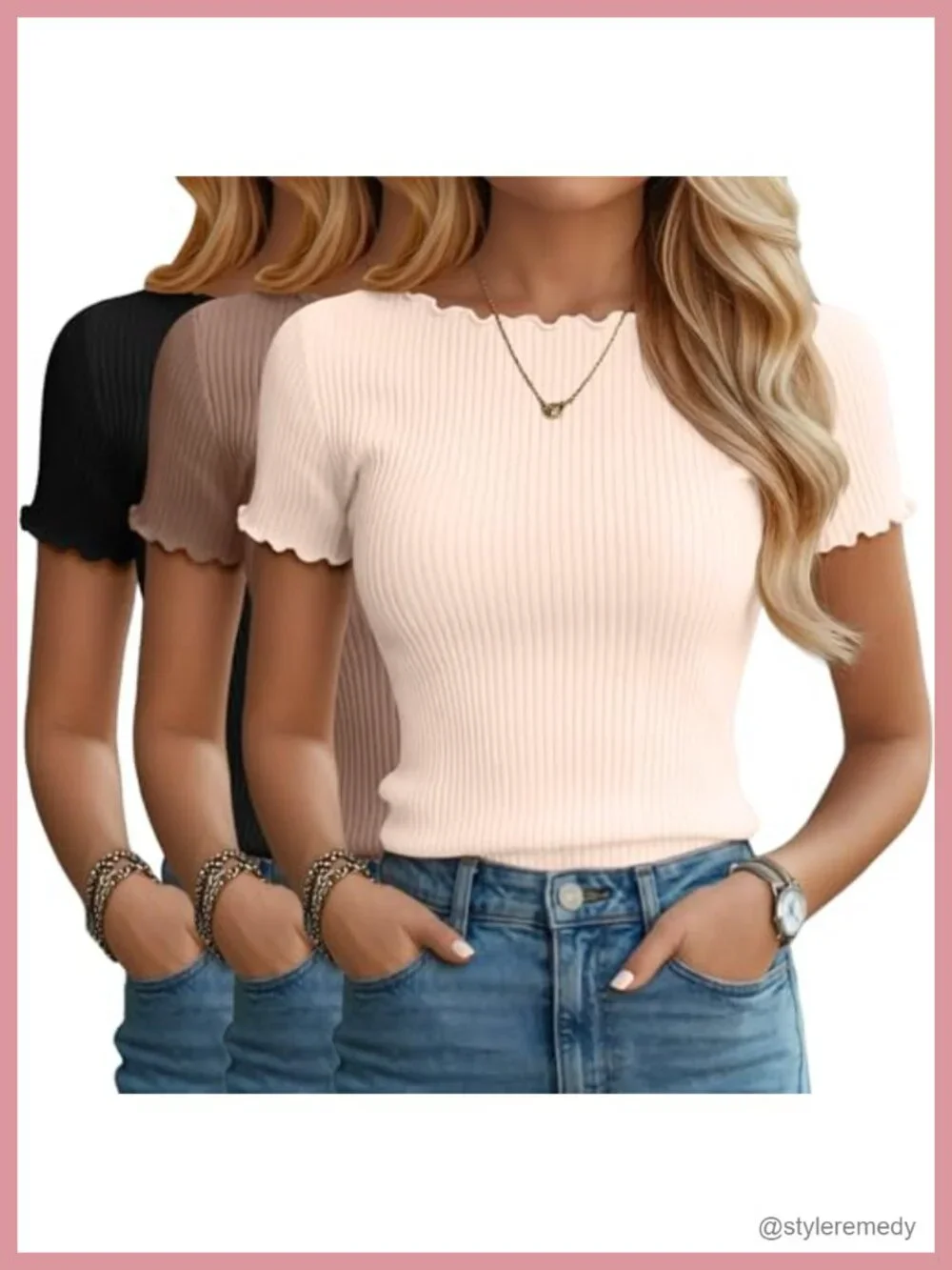 3 Pack Women's Boat Neck Ribbed Crop Tops Lettuce Trim Short Sleeve